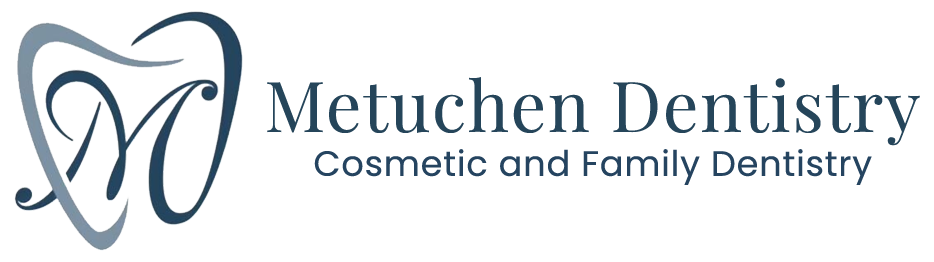The image displays a logo with text and graphic elements, including a stylized letter M with a dental implant design inside, which likely represents a dental practice named Metuchen Dentistry. Below the main logo, there s additional text that reads Cosmetic and Family Dentistry, indicating the services offered by the dental practice. The overall style of the image is professional and corporate, with a color scheme that includes shades of blue and gray.
